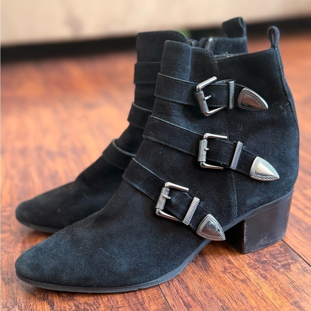 Blue Velvet Brand Black Suede Leather Ankle Boots with Triple Buckle